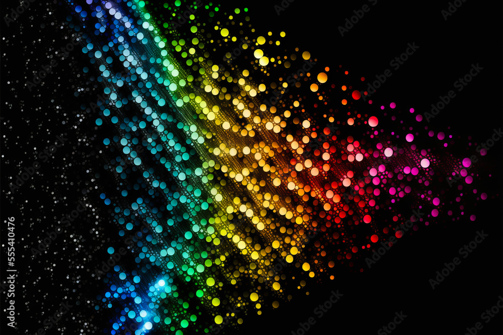 Colorful glowing rainbow drops and lights on black background. Abstract rainbow sparkles backdrop. Rainbow sparkle glitter wallpaper. Generative AI rainbow abstract illustration.