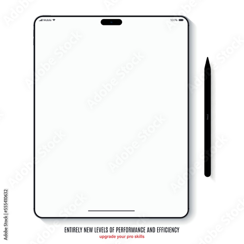 new frameless tablet grey color with blank screen and stylus top view on white background. flat lay mockup of realistic devices with shadow front view. vector illustration