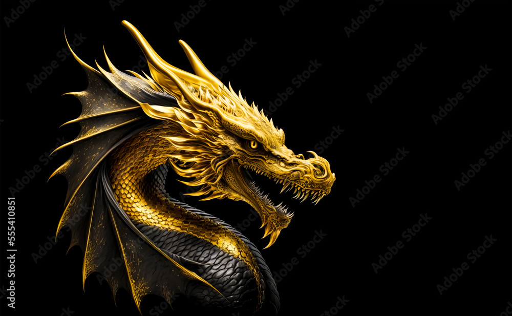 Gold dragon head on a black background. Generative AI Illistration of ...