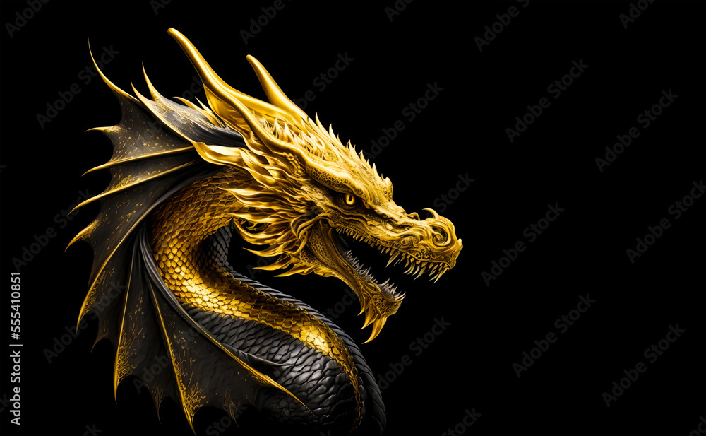 Gold dragon head on a black background. Generative AI Illistration of