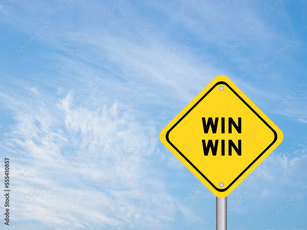 Yellow transportation sign with word win win on blue color sky background Yellow transportation sign with word win win on blue color sky background