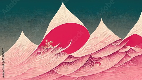 Modern, retro, traditional and classic Japanese Ukiyo-e style design elements in the style of Katsushika Hokusai with white mountains, red atmosphere and Japanese paper texture generated by Ai
