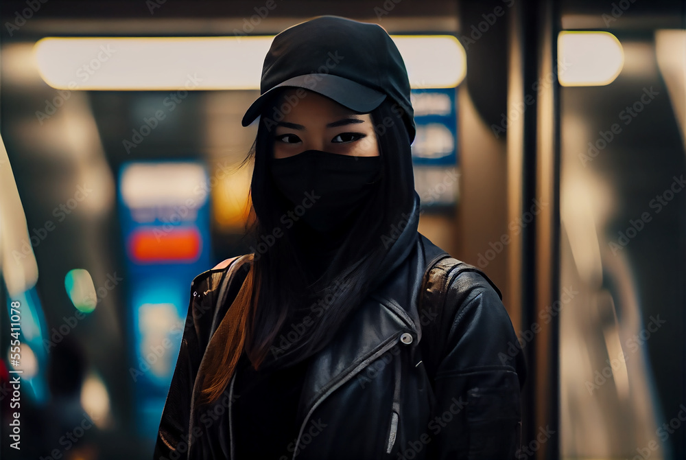 Young Asian woman wearing black face mask in subway station image created with Generative AI technology. Young Asian woman wearing black face mask in subway station image created with Generative AI technology.