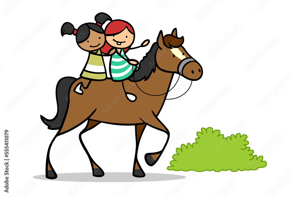 Two happy girls on horse learning to ride Two happy girls on horse learning to ride