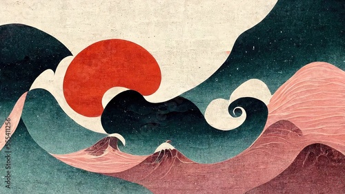 Orange organism and emerald green and pink waves, abstract and striking, retro and elegant, produced by Japanese traditional and graphic design Ai in the style of Ukiyoe by Katsushika Hokusai