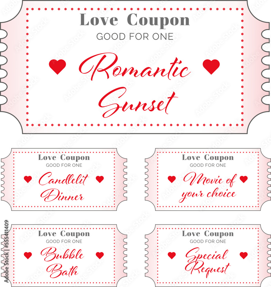 coupons for a girlfriend or a boyfriend. tickets for valentine's day. Set of love coupons with wishes and numbers coupons for a girlfriend or a boyfriend. tickets for valentine's day. Set of love coupons with wishes and numbers