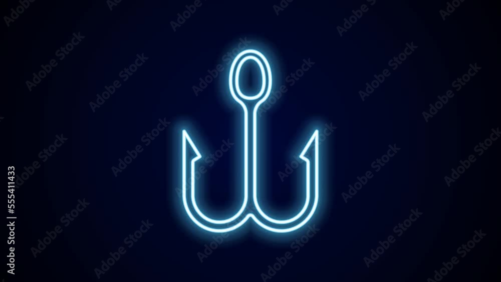 Glowing neon line Fishing hook icon isolated on black background. Fishing tackle. 4K Video motion graphic animation Glowing neon line Fishing hook icon isolated on black background. Fishing tackle. 4K Video motion graphic animation