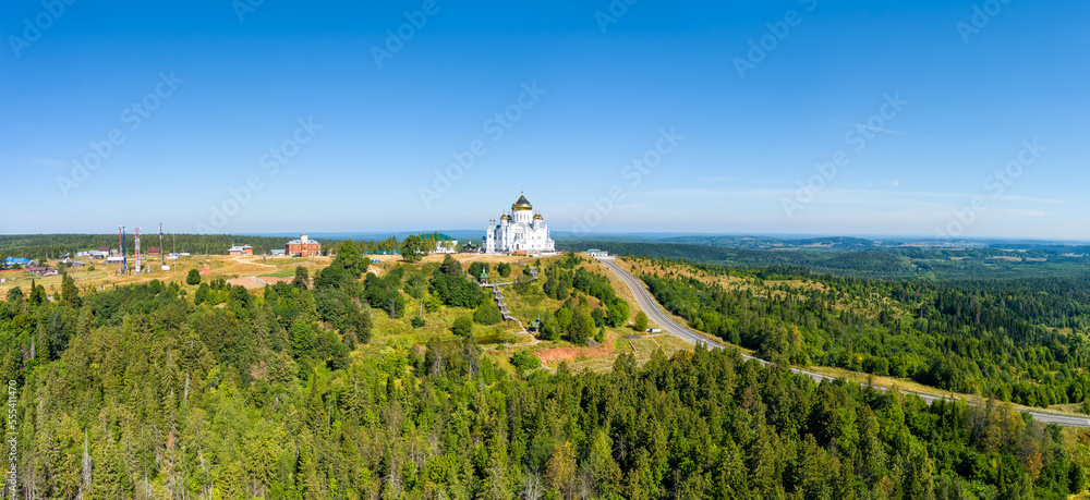 Russia, Perm region. Belogorsk St. Nicholas Missionary Monastery. Cathedral of the Exaltation of the Holy Cross in Belogorsk Nicholas Monastery. Aerial view