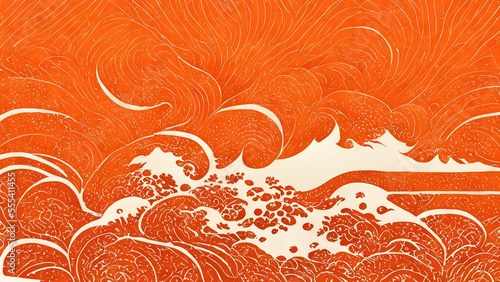 Smoky organic objects like orange waves, abstract and striking, retro and elegant, produced by Katsushika Hokusai's Ukiyo-e style Japanese traditional and graphic design Ai