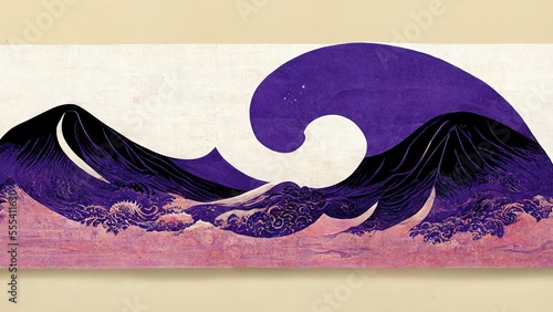 Purple waves and pink sea of clouds, abstract and striking, retro and elegant, in the style of Katsushika Hokusai's Ukiyoe, Japanese traditional and graphic design produced by Ai photo