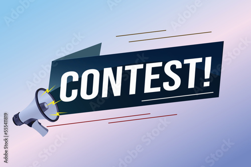 contest megaphone loud speaker design for ribbon banner poster. lettering with geometric shapes lines. advertising Vector illustration modern alert typographic blue color design template.	