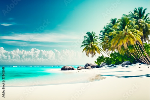 Vacation on a tropical island. Tropical heaven view. Travel postcard or banner background with place for text. Ocean shore with white sand and blue water. Generative AI summer vacation illustration. © Sergie