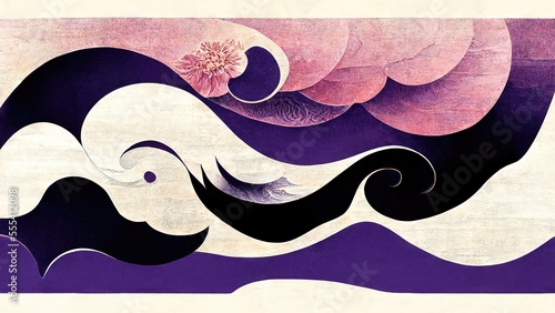 Purple, white and black waves and pink clouds, abstract and striking, retro and elegant, produced by Katsushika Hokusai's Ukiyo-e style Japanese traditional and graphic design Ai