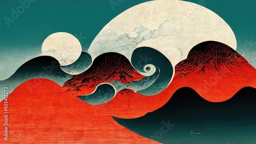 Red mountains and modern, retro, traditional and classic Japanese Ukiyo-e style design elements in the style of Katsushika Hokusai with Japanese paper texture generated by Ai