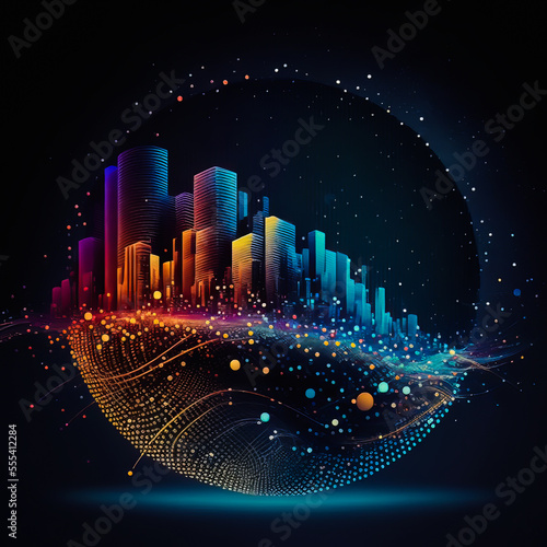 Smart city concept. Telecomunication, internet, mobile, cloud computing background. Digital city background. Online city concept. Cyber town on black background. Generative AI cyber city illustration.