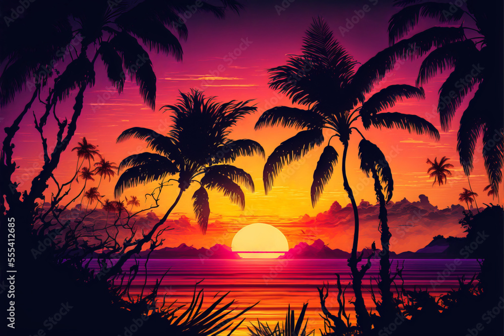 Vacation on a tropical island. Sunset at tropical heaven. Travel postcard or banner background with place for text. Sunset on a tropic island. Generative AI summer vacation illustration.