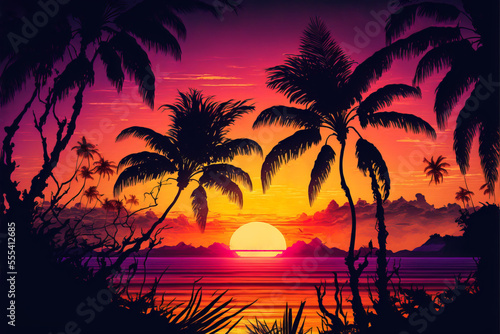 Vacation on a tropical island. Sunset at tropical heaven. Travel postcard or banner background with place for text. Sunset on a tropic island. Generative AI summer vacation illustration. © Sergie