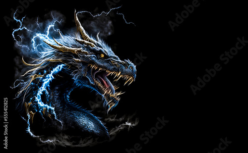 Thunder dragon head on a black background. Generative AI Illistration of ancient dragon on black background. Dragons background. Place for text.