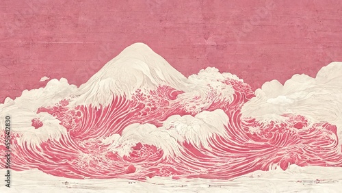 Fine waves of pink detailing, abstract and striking, retro and elegant, produced by traditional and graphic design Ai in the Japanese ukiyo-e style of Katsushika Hokusai