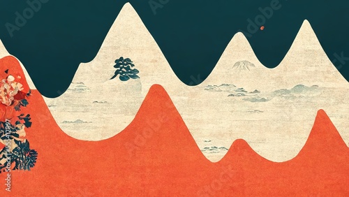 Organic curves like waves of orange and emerald, abstract and striking, retro and elegant, produced by a traditional Japanese and graphic design Ai in the style of Ukiyoe by Katsushika Hokusai