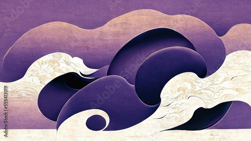 Beautiful gradient waves in purple and white, abstract and striking, retro and elegant, produced by Katsushika Hokusai's Ukiyo-e style Japanese traditional and graphic design Ai