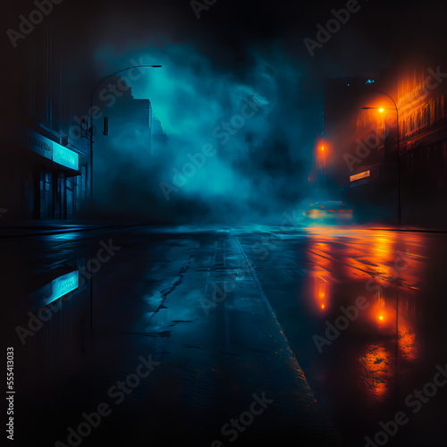 Wet asphalt with reflection of neon lightsin a neon smoke. Abstract blue and orange light in a dark empty street with fog. Dark city background scene. Generative AI night city view.