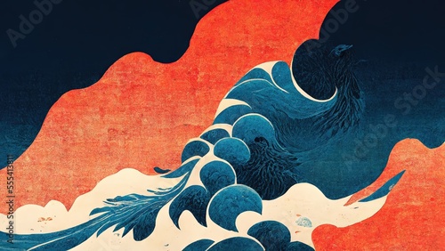 Modern, retro, traditional and classic Japanese Ukiyo-e style design elements in the style of Katsushika Hokusai with orange and blue smoke and Japanese paper textures generated by Ai