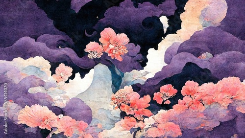 Forest of purple clouds and pink flowers, abstract and striking, retro and elegant, produced by Katsushika Hokusai's Ukiyo-e style Japanese traditional and graphic design Ai