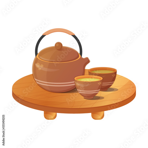 Japanese teapot with cups on table. Asian tea ceremony. Asian food. Colorful vector illustration isolated on white background.