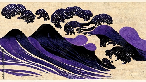 Purple mountains and pine objects, abstract and striking, retro and elegant, produced by Katsushika Hokusai's Ukiyo-e style Japanese traditional and graphic design Ai