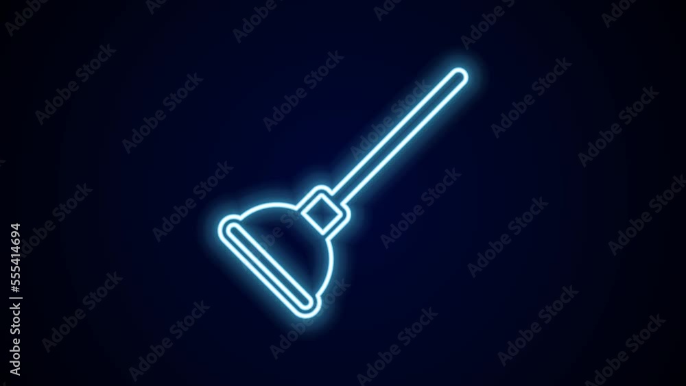 Glowing neon line Rubber plunger with wooden handle for pipe cleaning icon isolated on black background. Toilet plunger. 4K Video motion graphic animation Glowing neon line Rubber plunger with wooden handle for pipe cleaning icon isolated on black background. Toilet plunger. 4K Video motion graphic animation