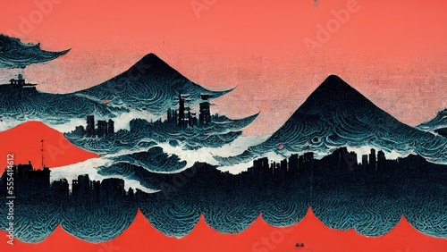 Modern, retro, traditional and classic Japanese Ukiyo-e style design elements in the style of Katsushika Hokusai with red atmosphere, blue waves and Japanese paper texture generated by Ai