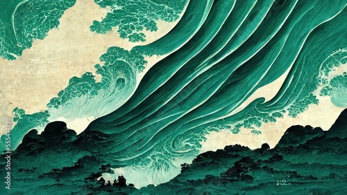Modern, retro, traditional and classic Japanese Ukiyo-e style design elements in the style of Katsushika Hokusai with emerald green raging waves, Japanese paper texture generated by Ai