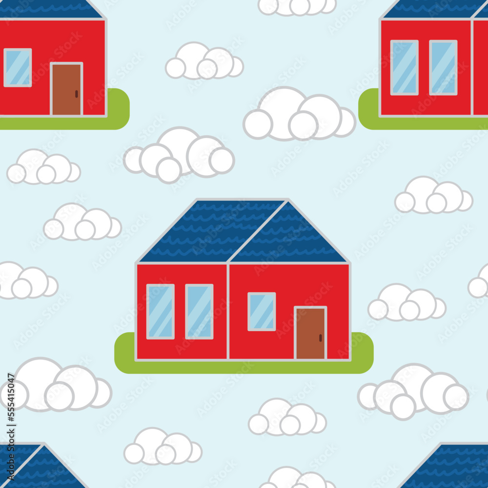 Red town houses. Seamless pattern. With blue roof Red town houses. Seamless pattern. With blue roof