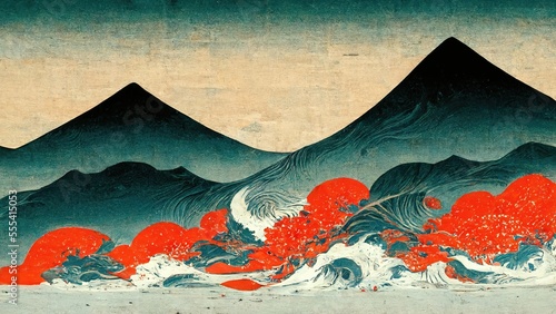 Wallpaper Mural Modern, retro, traditional and classic Japanese Ukiyo-e style design elements in the style of Katsushika Hokusai with red and blue mountain background, Japanese paper texture generated by Ai Torontodigital.ca