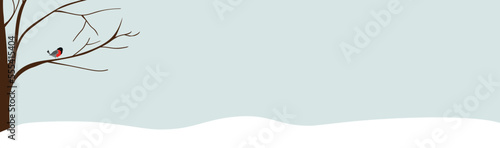 Long Christmas New years banner with winter forest scene. Tree red robin bird snow blue sky. Template with copy space