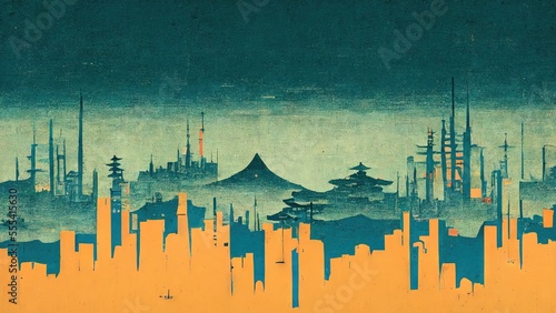 City in yellow foreground and blue background, modern retro traditional and classic Japanese ukiyo-e style design elements in Katsushika Hokusai style with Japanese paper texture generated by Ai