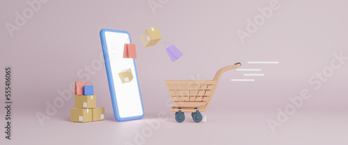 Parcel box and shopping bag with cart fast for flash sale on box float in the air above a smartphone for online shopping concept design, Concept of great discount, suitable for black friday. 3d render