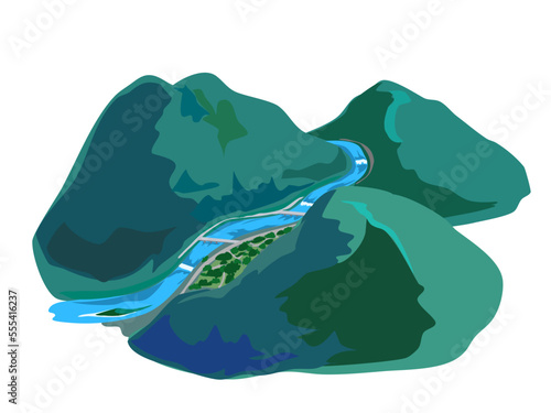 山間部を流れる川のベクターイラスト