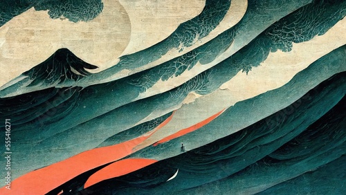 Blue, raging waves, Japanese paper texture Katsushika Hokusai style modern retro traditional classic Japanese ukiyo-e style design element Ai generated