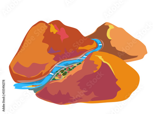 秋の紅葉の山間部を流れる川のイラスト