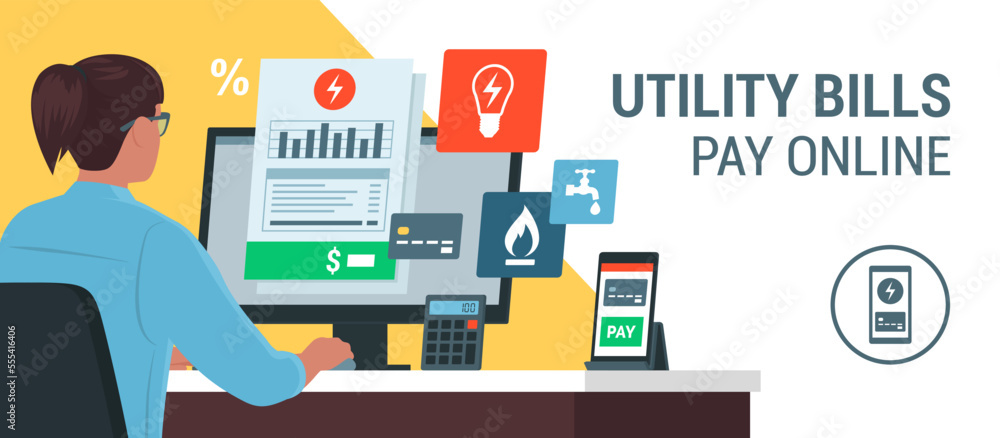 Woman paying utility bills online Woman paying utility bills online