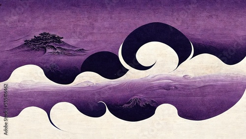Japanese traditional and graphic design in the style of Ukiyoe by Katsushika Hokusai, with white waves and purple distant landscape, abstract and striking, retro and elegant, produced by Ai