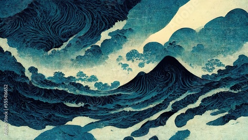 Modern, retro, traditional and classic Japanese Ukiyo-e style design elements in the style of Katsushika Hokusai with the texture of Japanese paper generated by Ai