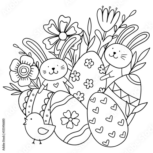Easter Coloring. Vector illustration with rabbit, eggs, and flowers isolated on a white background. 