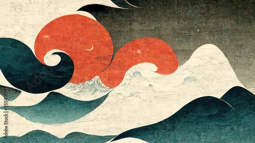 Beautiful bezier like waves of orange and emerald green, abstract and striking, retro and elegant in the style of Ukiyoe by Katsushika Hokusai Japanese traditional and graphic design produced by Ai photo