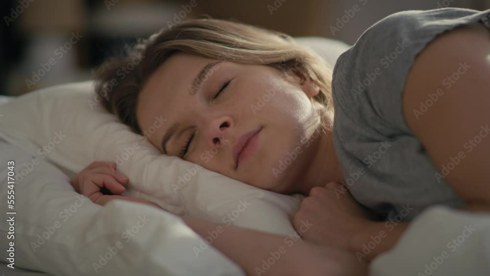 Close up of caucasian woman sleeping in the bed. Shot with RED helium camera in 8K. Close up of caucasian woman sleeping in the bed. Shot with RED helium camera in 8K.