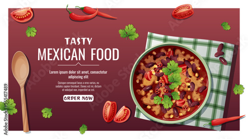 Banner with kidney bean soup with meat, chili pepper. National Mexican food. Tasty and healthy food, cooking, menu. Online food order