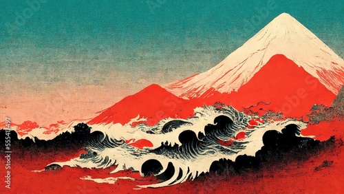 Modern, retro, traditional and classic Japanese Ukiyo-e style design elements in the style of Katsushika Hokusai with red Fuji, hanging waves and Japanese paper texture generated by Ai