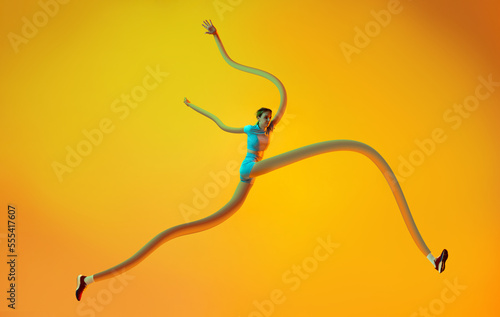 Contemporary art collage. Creative design. Young sportive woman, athlete training, running over orange background.